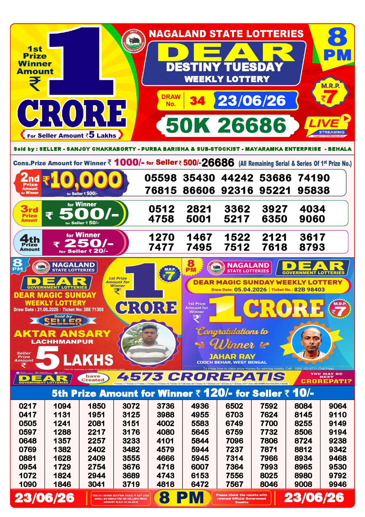 Official Lottery Sambad 8PM DESTINY TUESDAY result sheet for 23 June 2026