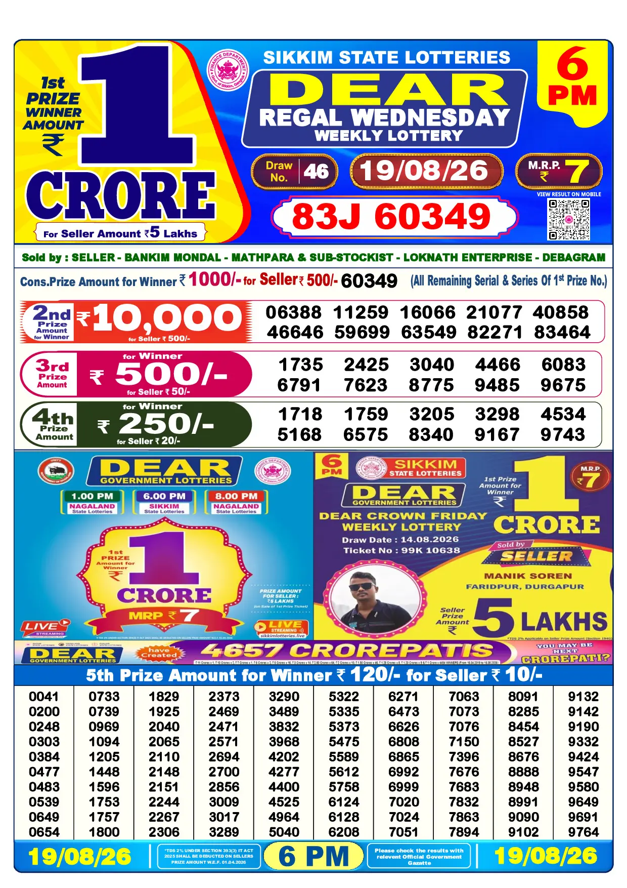 Official Lottery Sambad 6PM REGAL WEDNESDAY result sheet for 19 August 2026