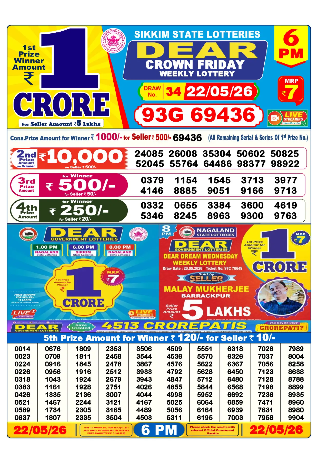 Official Lottery Sambad 6PM CROWN FRIDAY result sheet for 22 May 2026