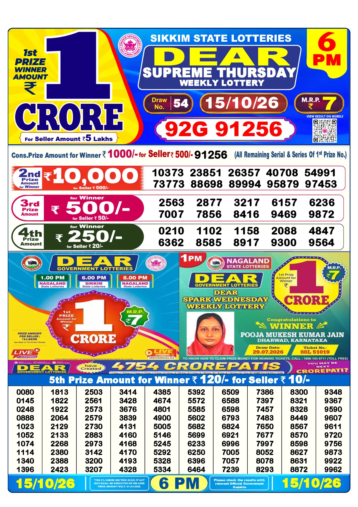 Official Lottery Sambad 6PM SUPREME THURSDAY result sheet for 15 October 2026