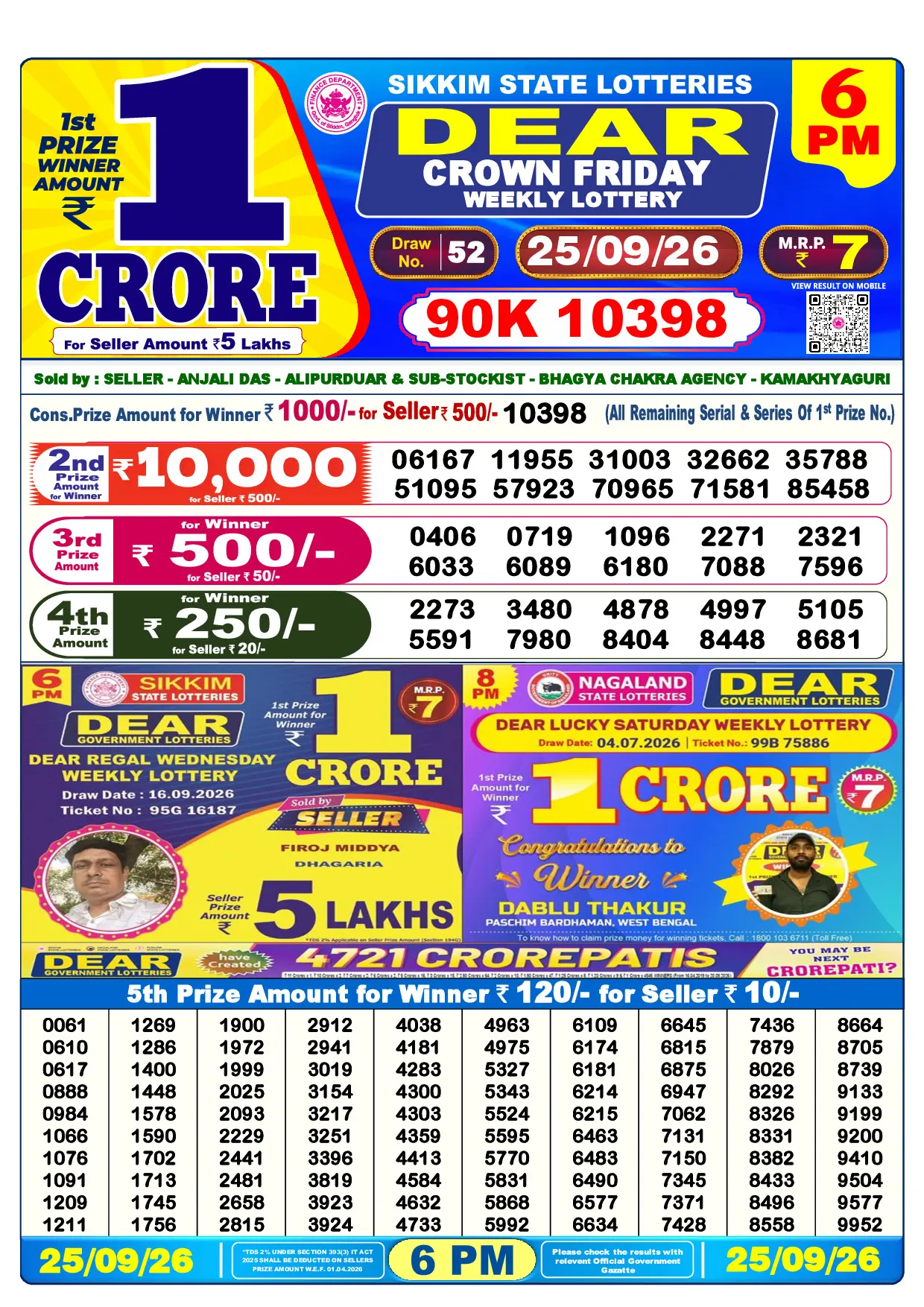 Official Lottery Sambad 6PM CROWN FRIDAY result sheet for 25 September 2026