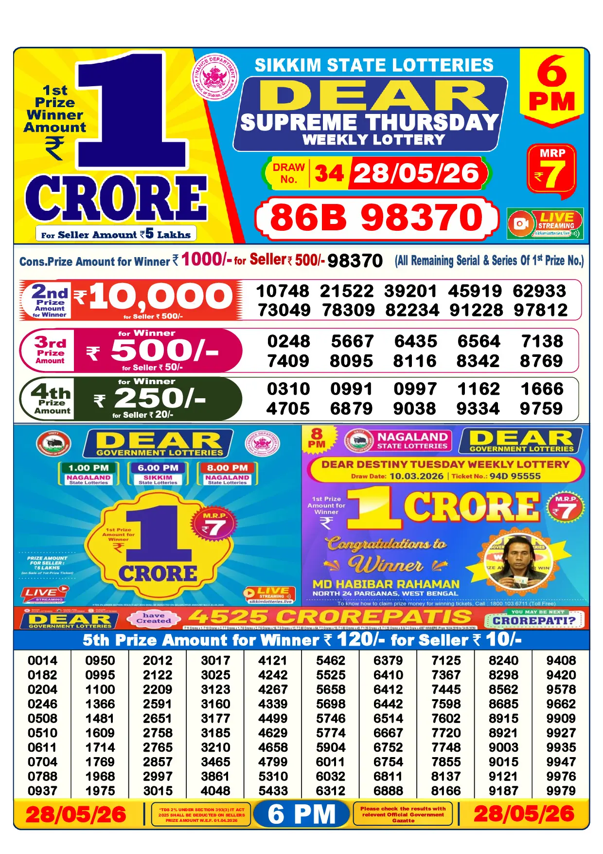 Official Lottery Sambad 6PM SUPREME THURSDAY result sheet for 28 May 2026