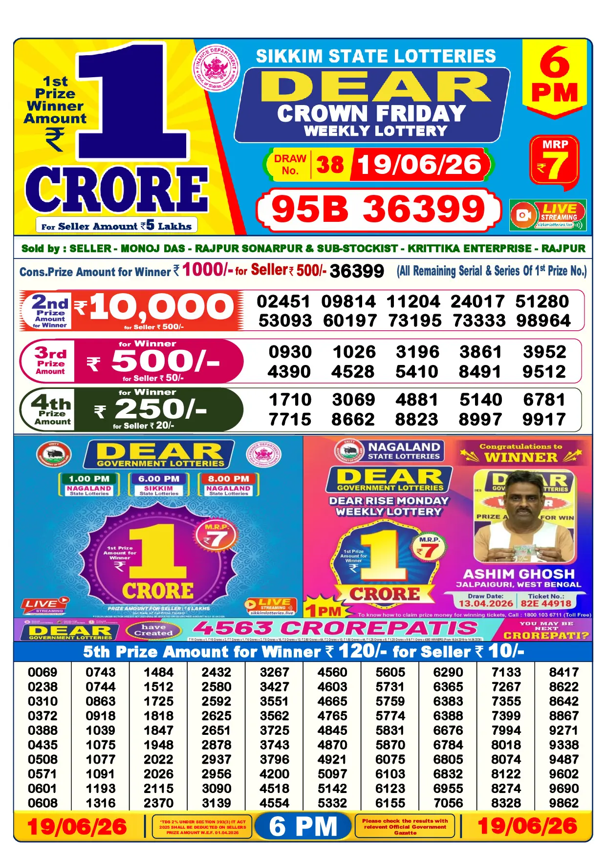 Official Lottery Sambad 6PM CROWN FRIDAY result sheet for 19 June 2026
