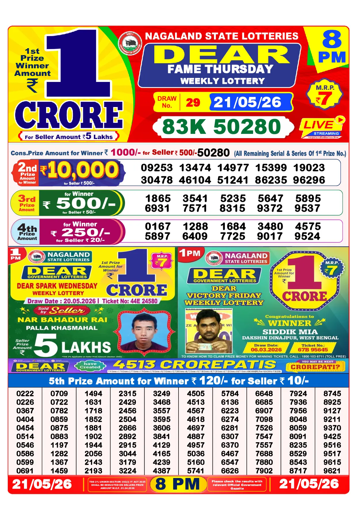Official Lottery Sambad 8PM FAME THURSDAY result sheet for 21 May 2026