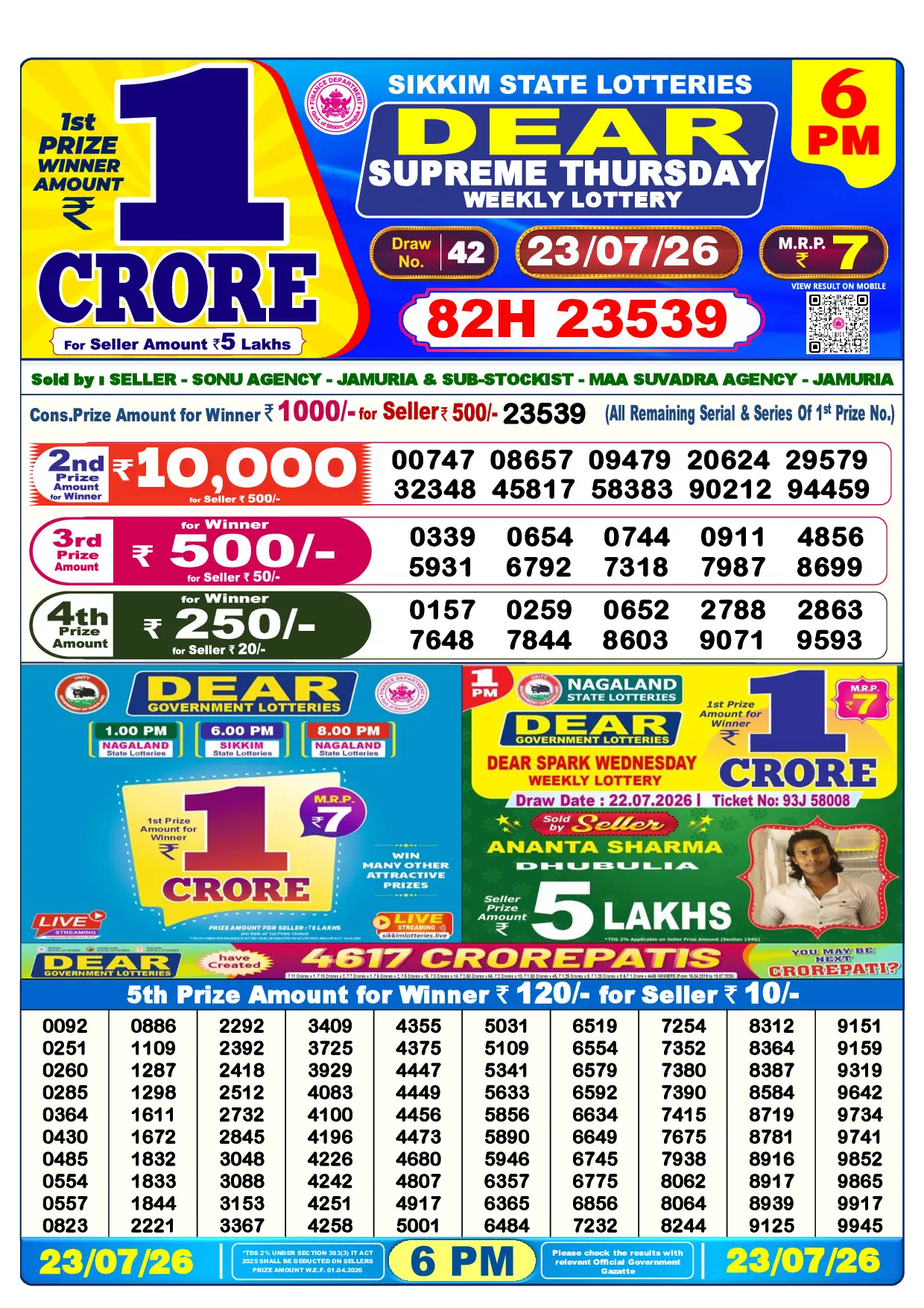 Official Lottery Sambad 6PM SUPREME THURSDAY result sheet for 23 July 2026