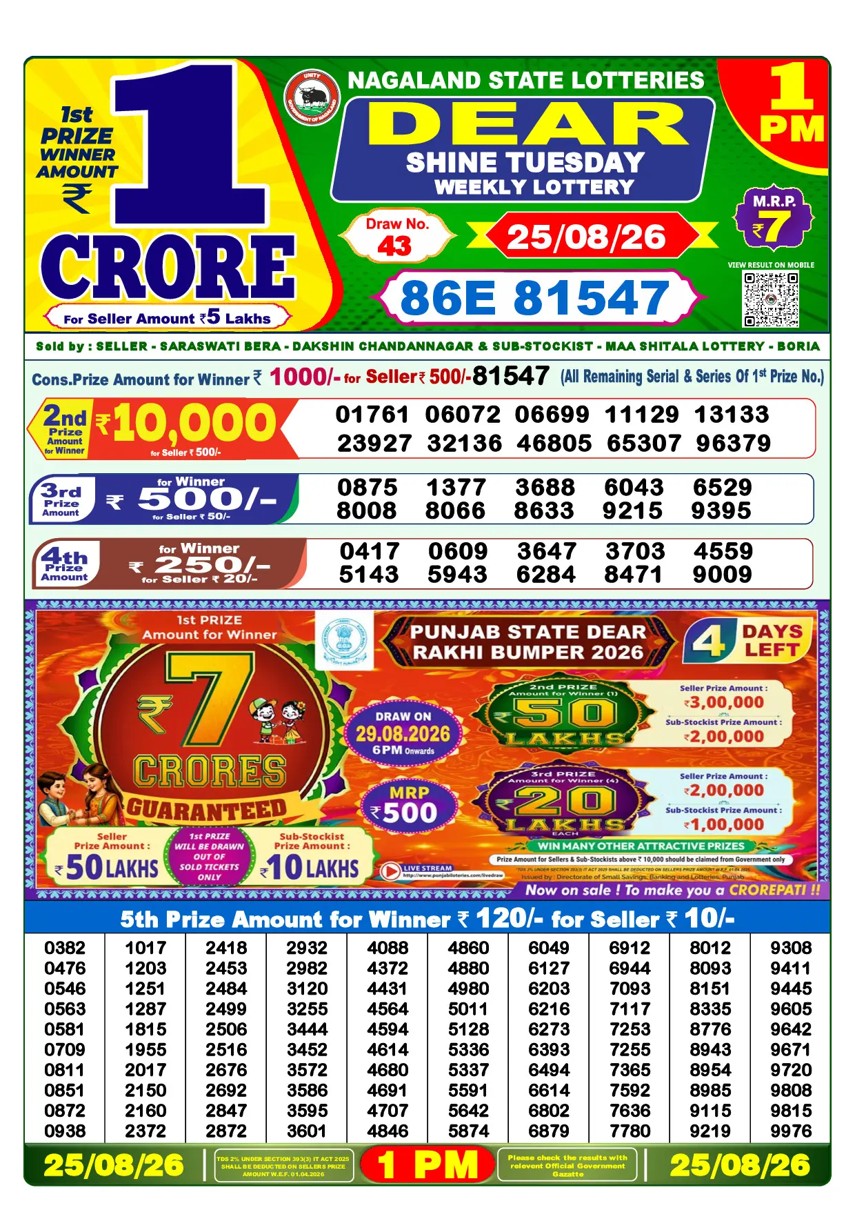 Official Lottery Sambad 1PM SHINE TUESDAY result sheet for 25 August 2026