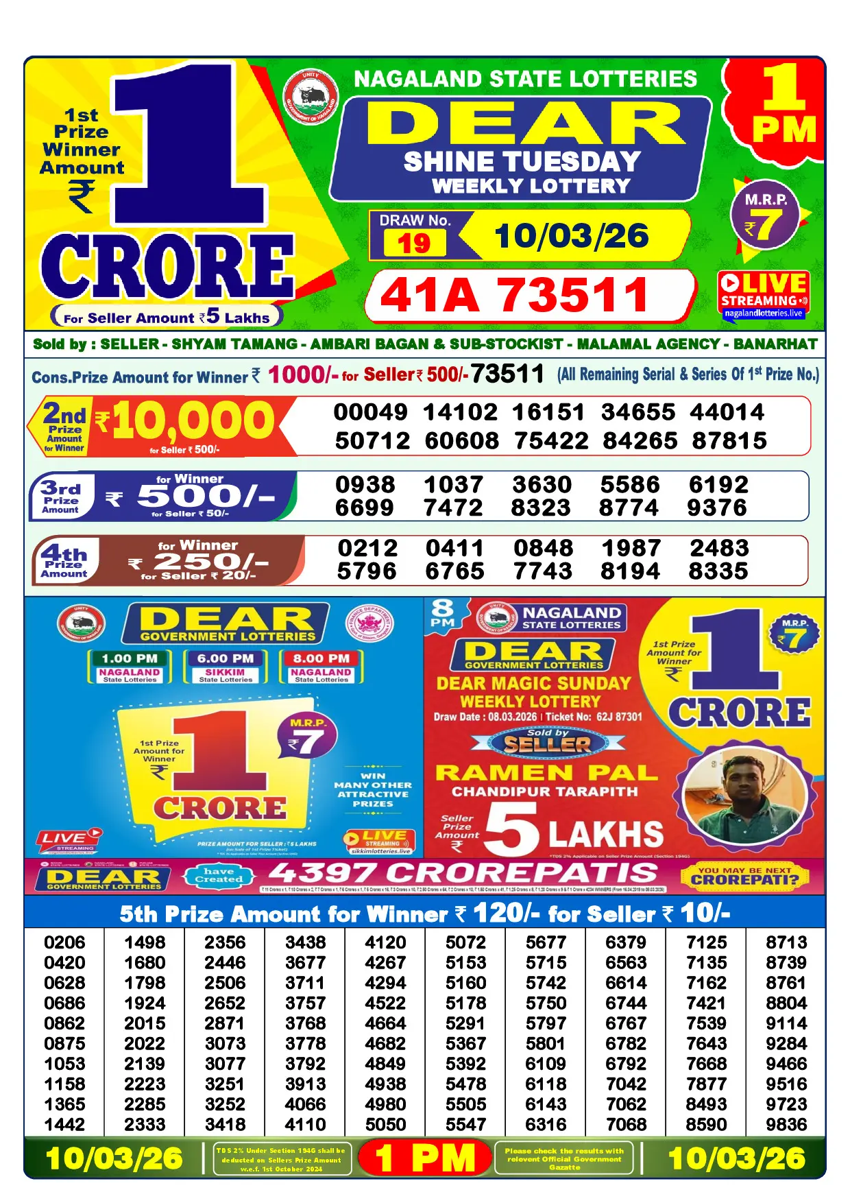 Official Lottery Sambad 1PM SHINE TUESDAY result sheet for 10 March 2026