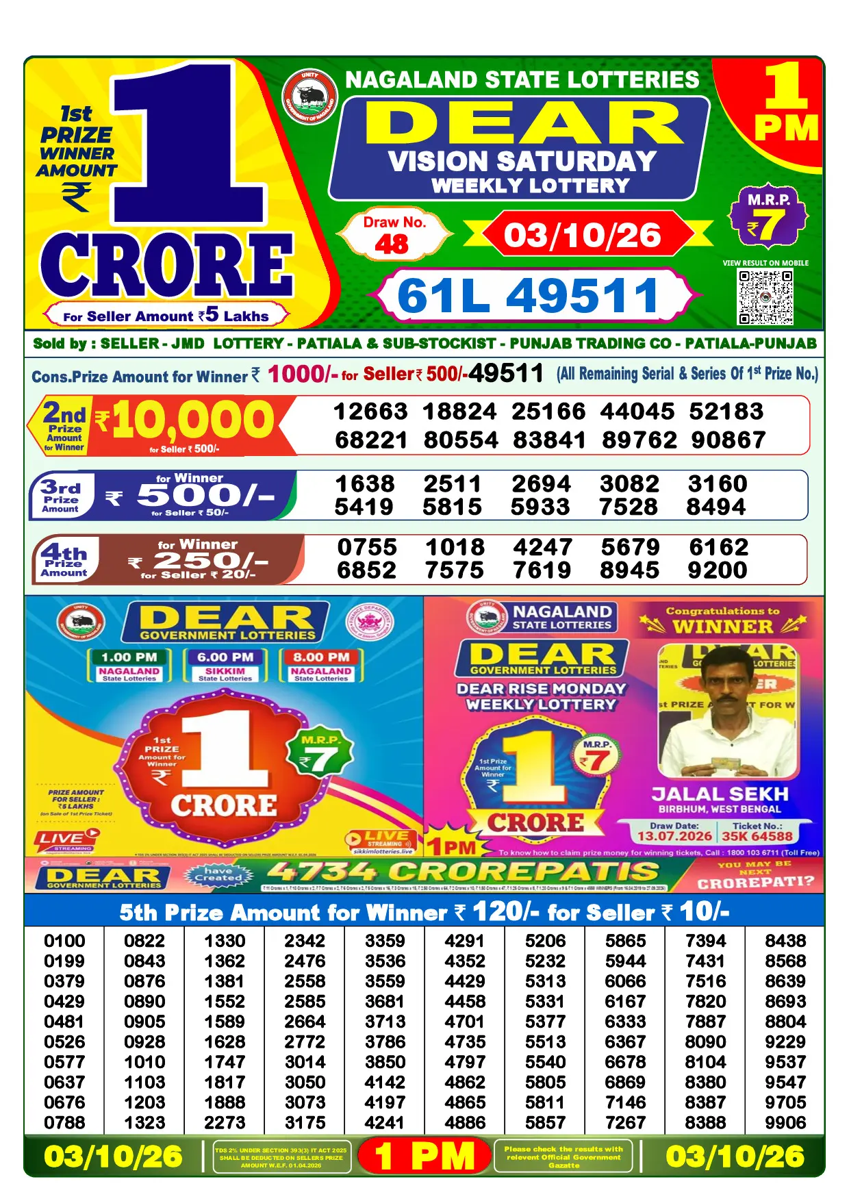 Official Lottery Sambad 1PM VISION SATURDAY result sheet for 3 October 2026