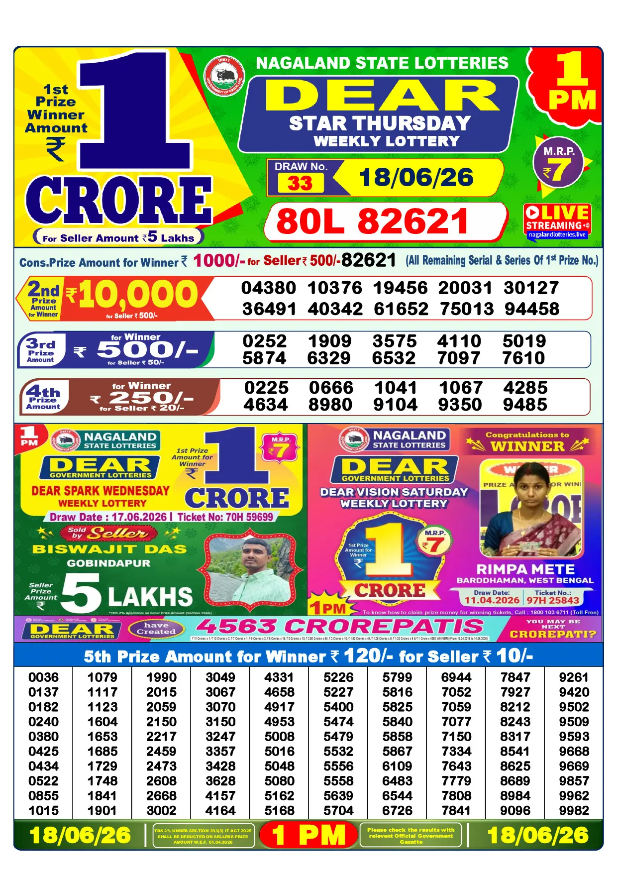 Official Lottery Sambad 1PM STAR THURSDAY result sheet for 18 June 2026