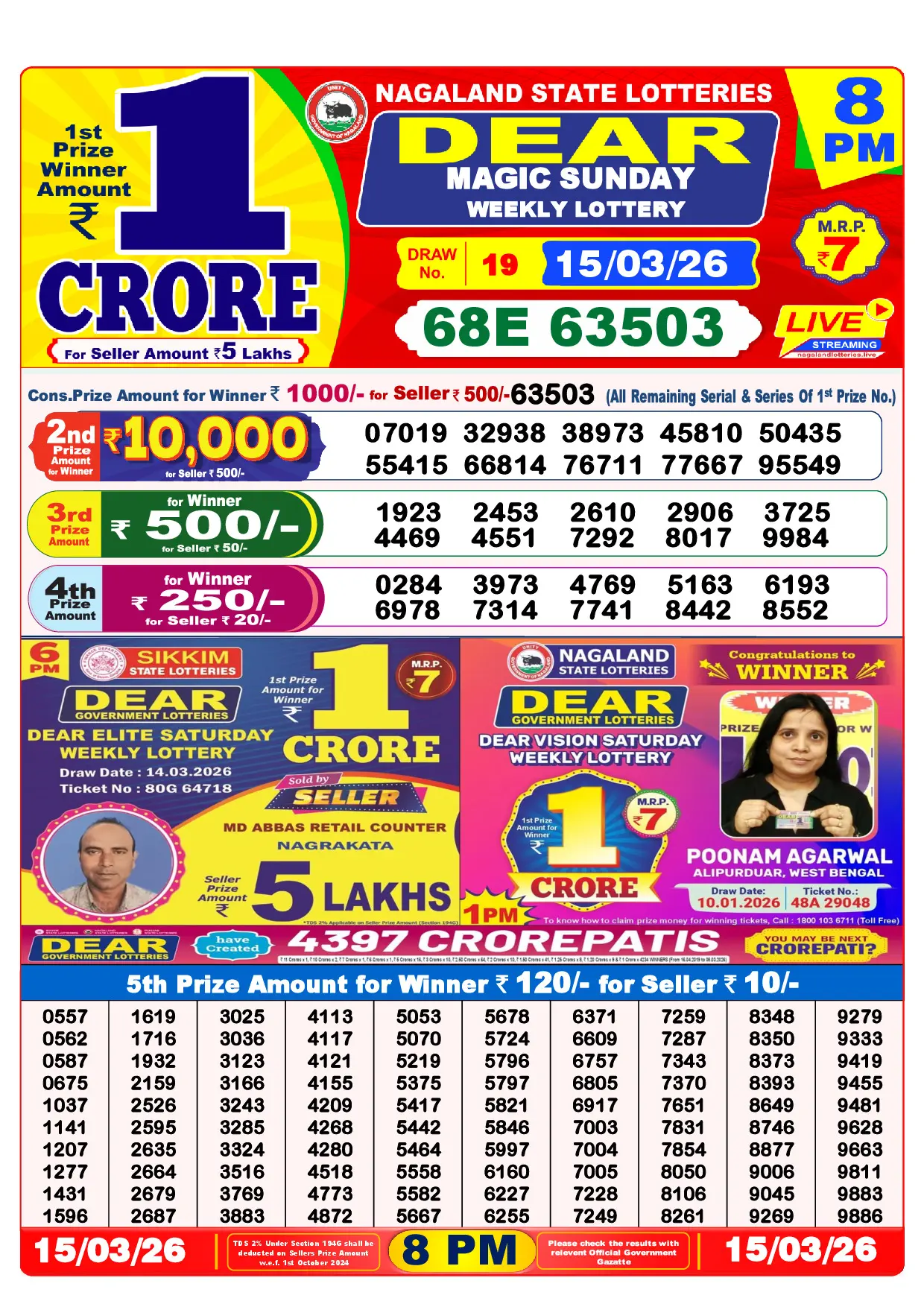 Official Lottery Sambad 8PM MAGIC SUNDAY result sheet for 15 March 2026