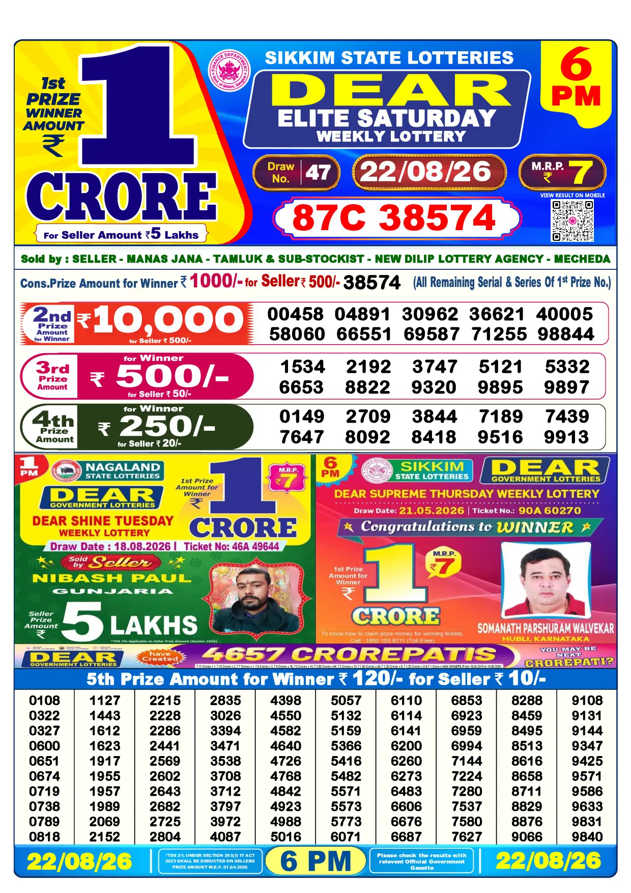 Official Lottery Sambad 6PM ELITE SATURDAY result sheet for 22 August 2026