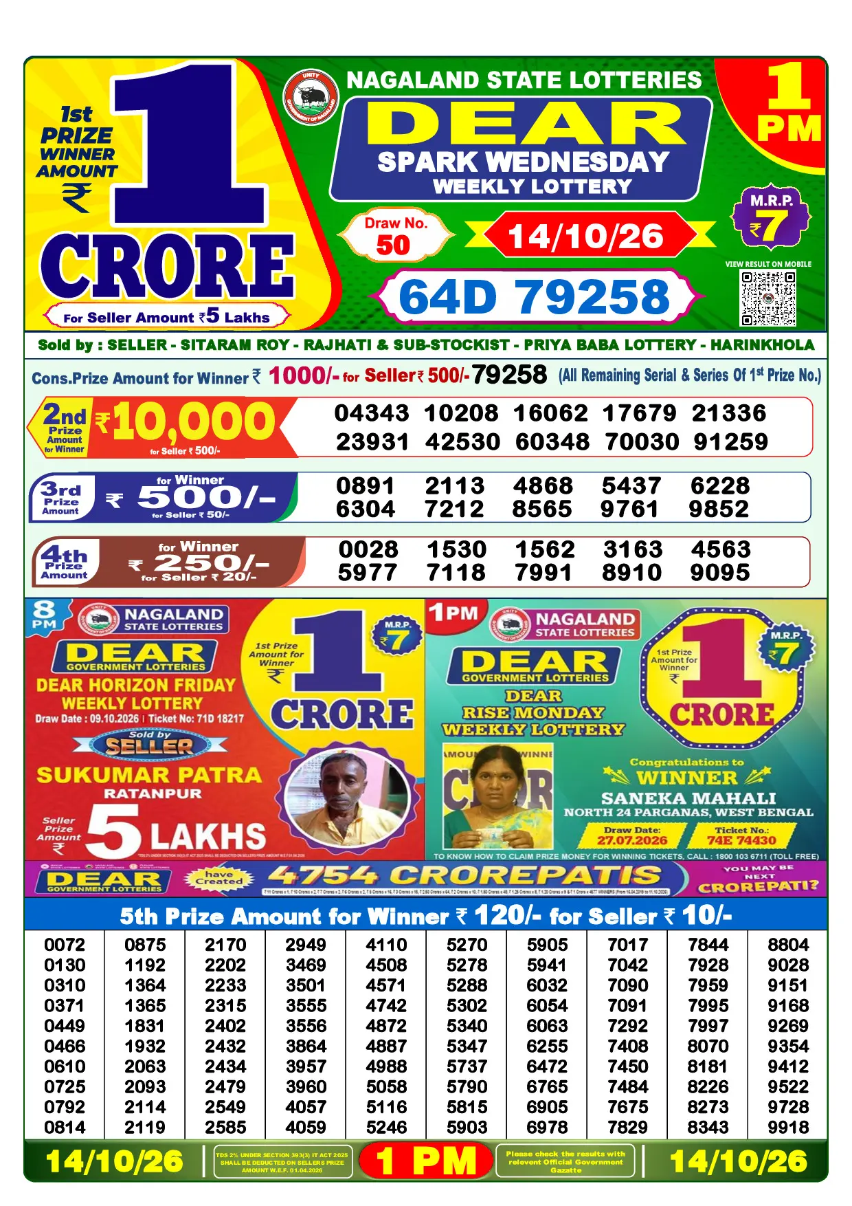 Official Lottery Sambad 1PM SPARK WEDNESDAY result sheet for 14 October 2026
