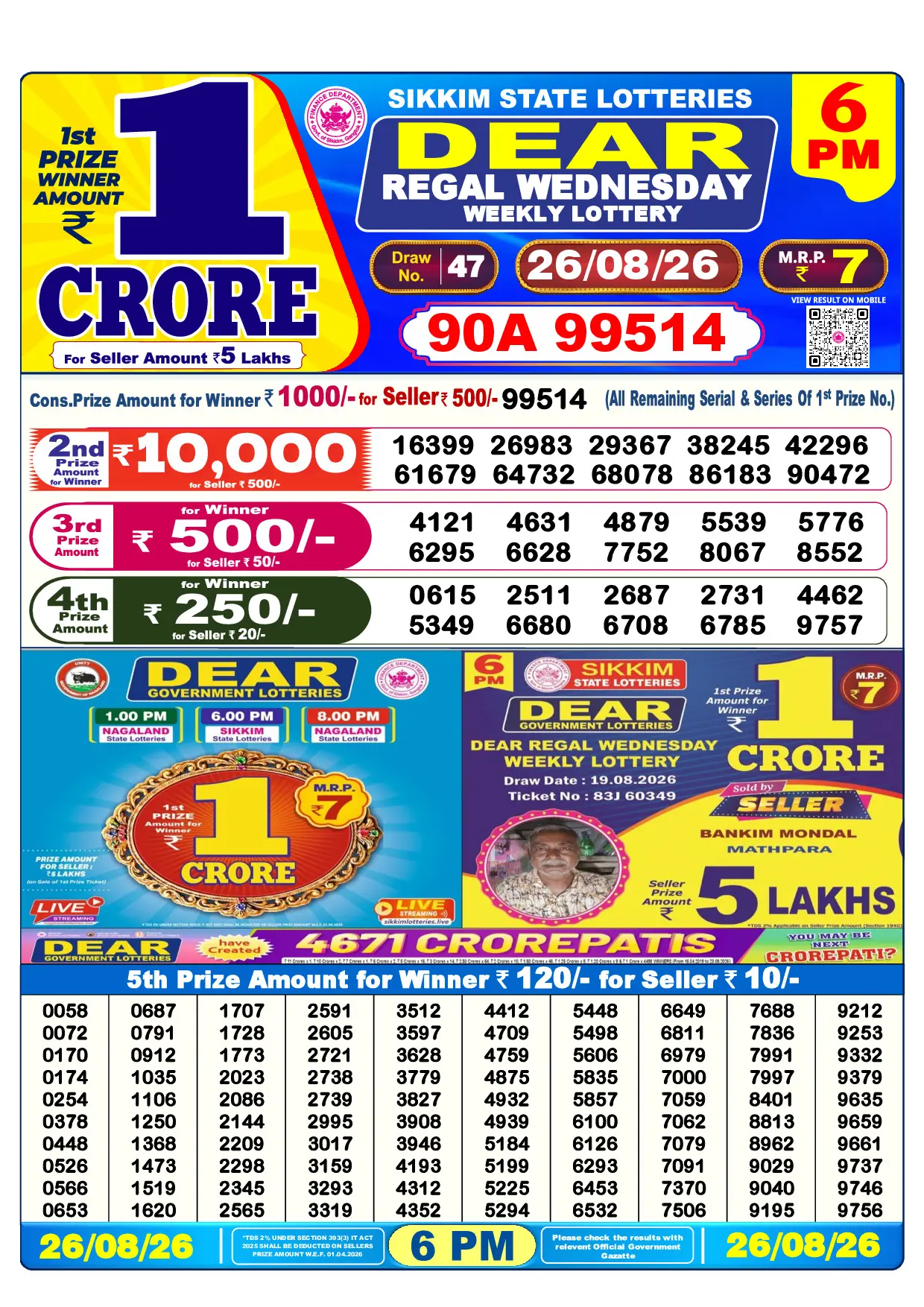 Official Lottery Sambad 6PM REGAL WEDNESDAY result sheet for 26 August 2026