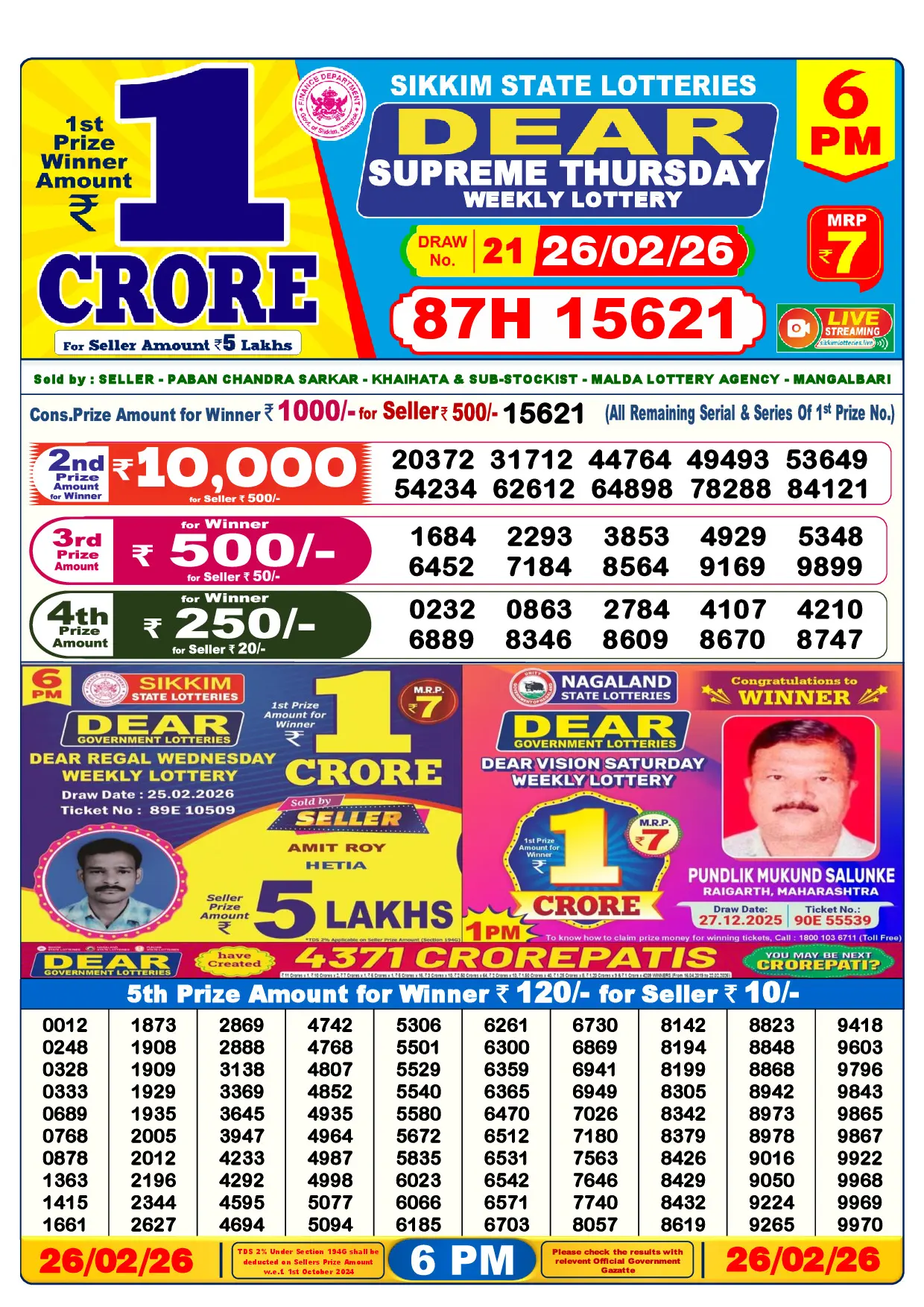 Official Lottery Sambad 6PM SUPREME THURSDAY result sheet for 26 February 2026