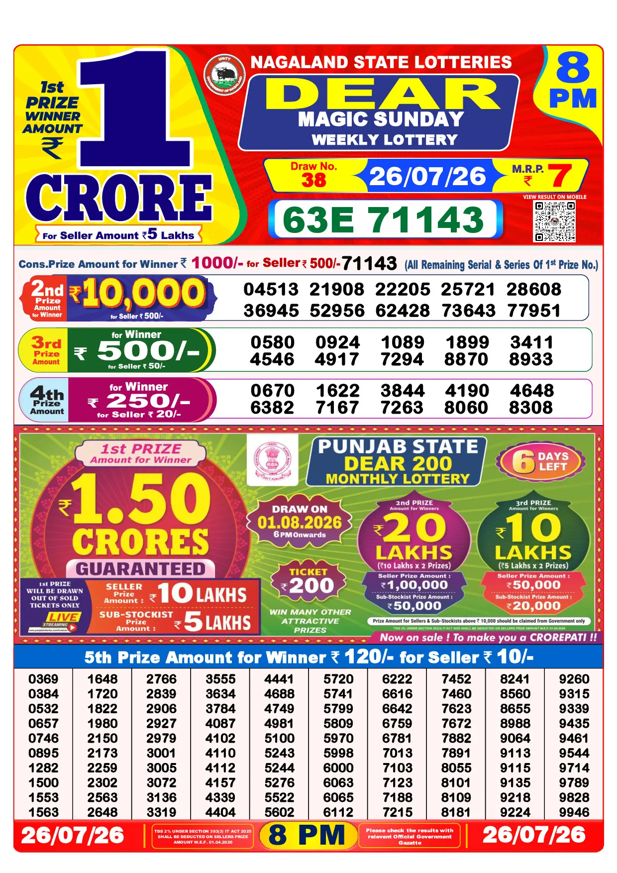 Official Lottery Sambad 8PM MAGIC SUNDAY result sheet for 26 July 2026