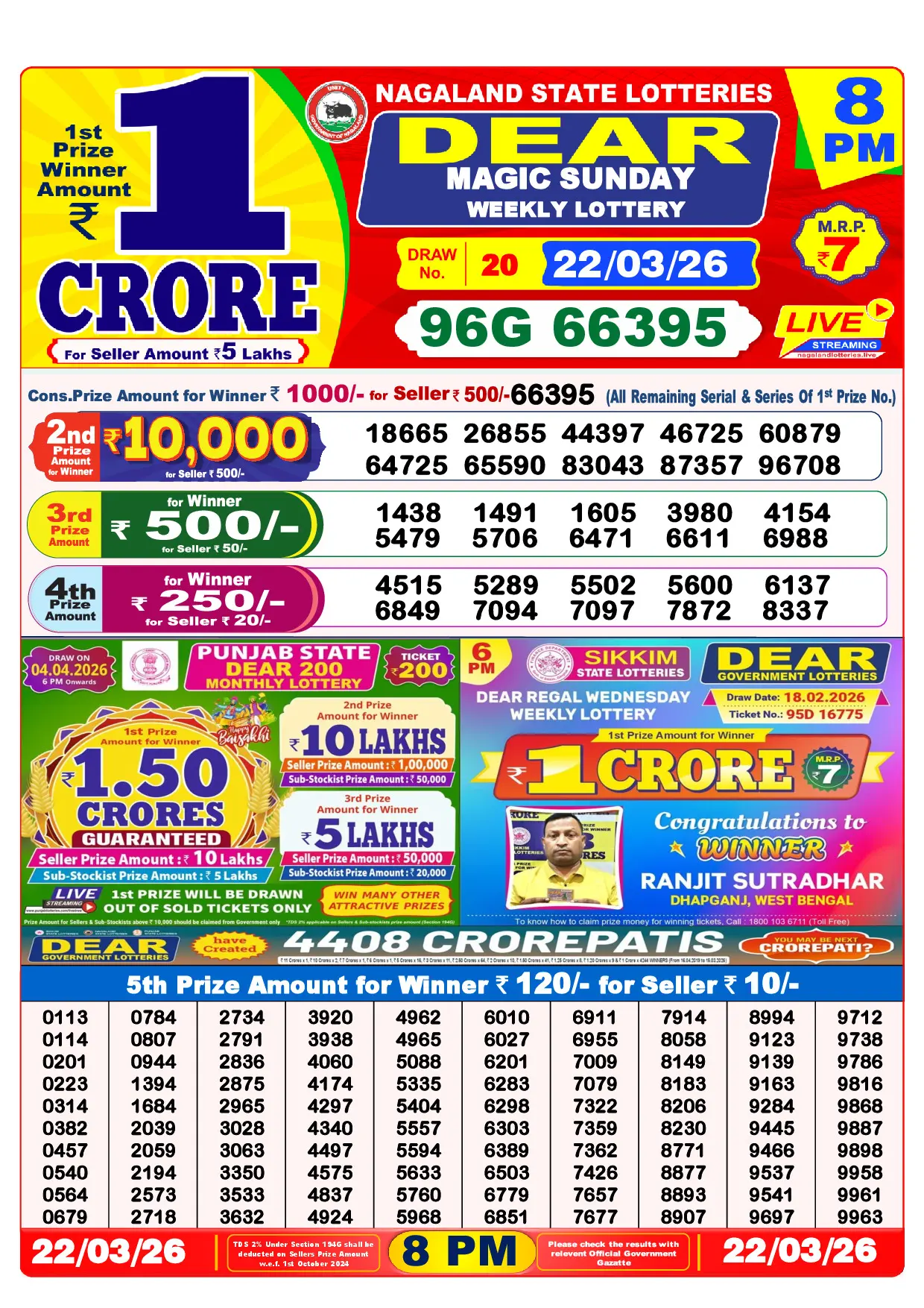 Official Lottery Sambad 8PM MAGIC SUNDAY result sheet for 22 March 2026