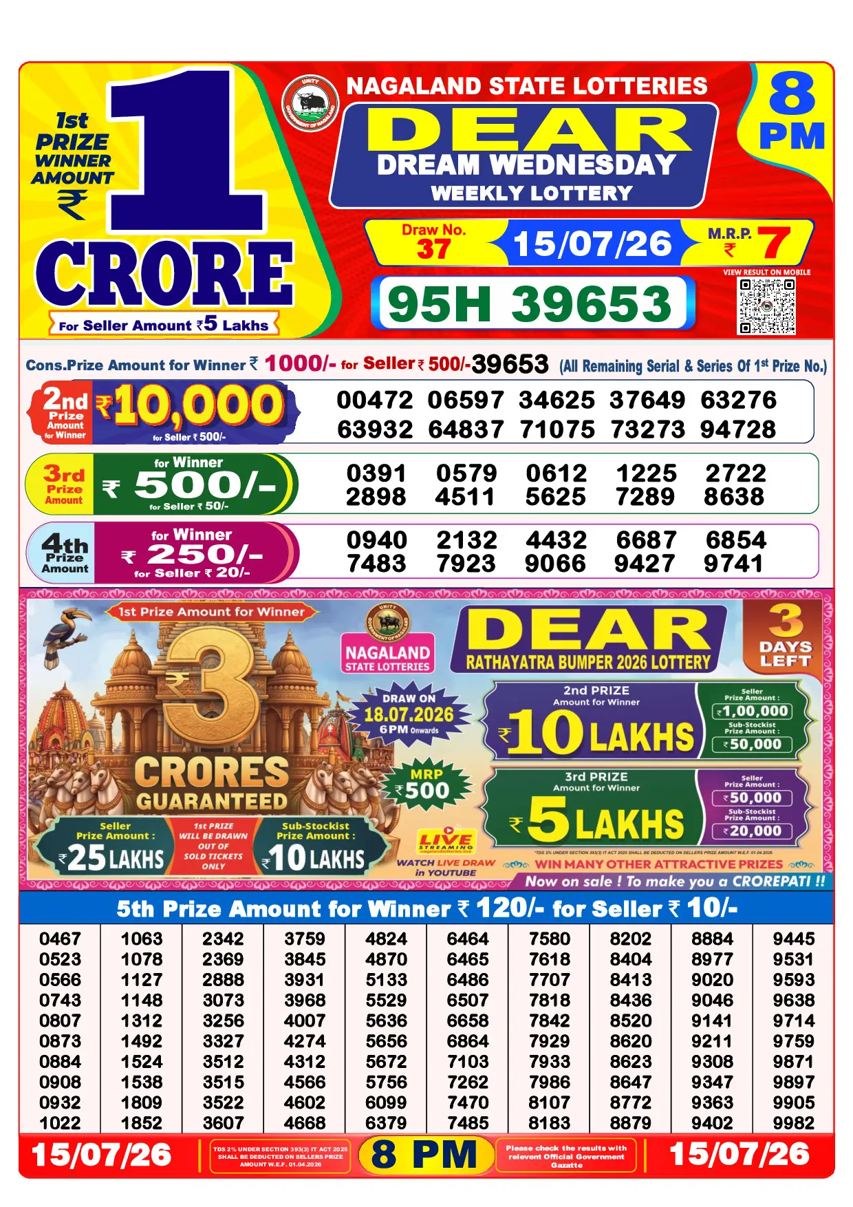 Official Lottery Sambad 8PM DREAM WEDNESDAY result sheet for 15 July 2026