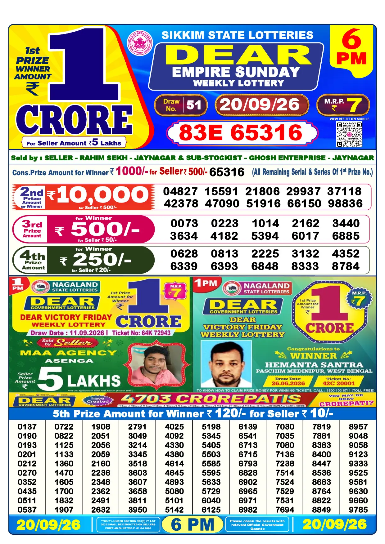 Official Lottery Sambad 6PM EMPIRE SUNDAY result sheet for 20 September 2026
