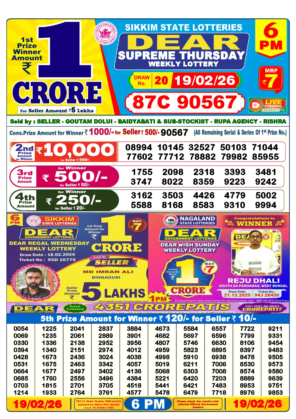 Official Lottery Sambad 6PM SUPREME THURSDAY result sheet for 19 February 2026