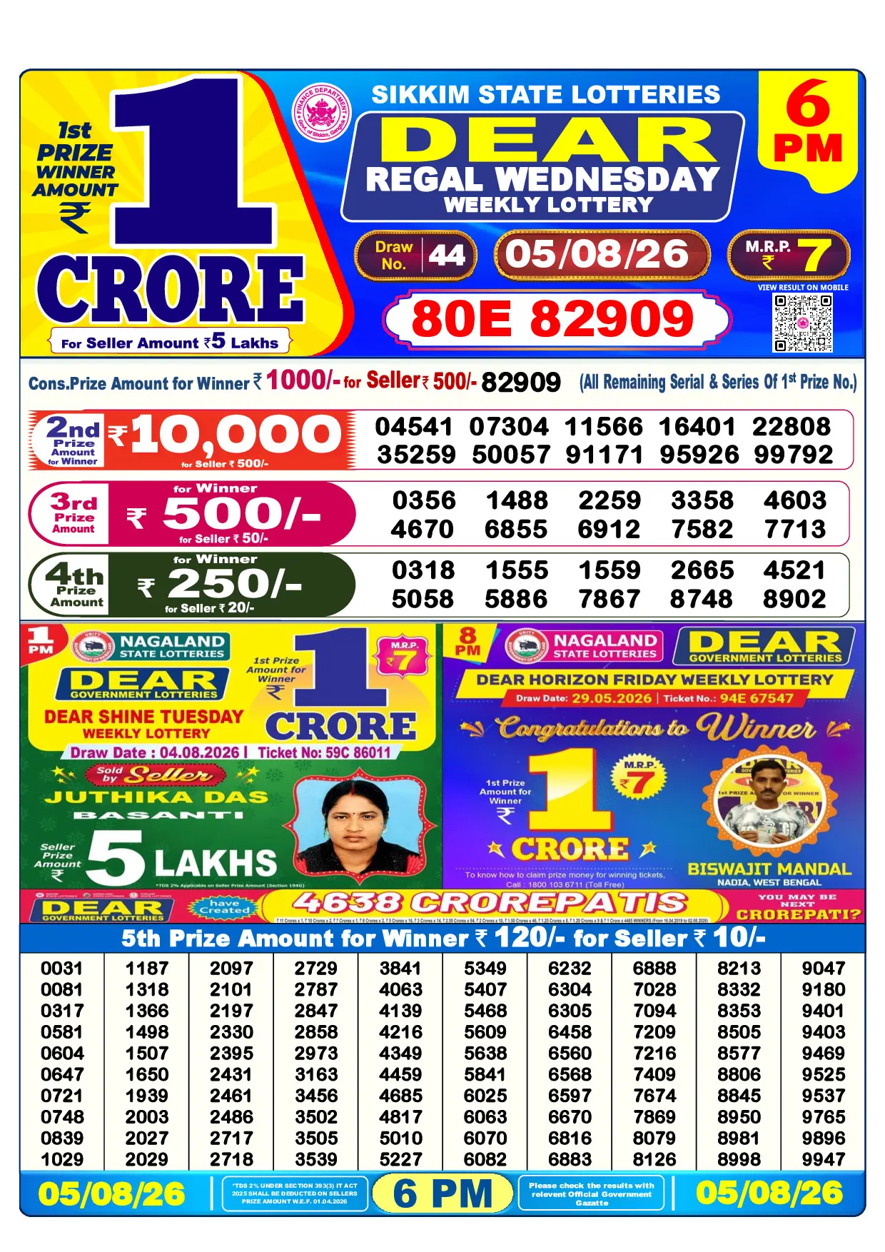 Official Lottery Sambad 6PM REGAL WEDNESDAY result sheet for 5 August 2026