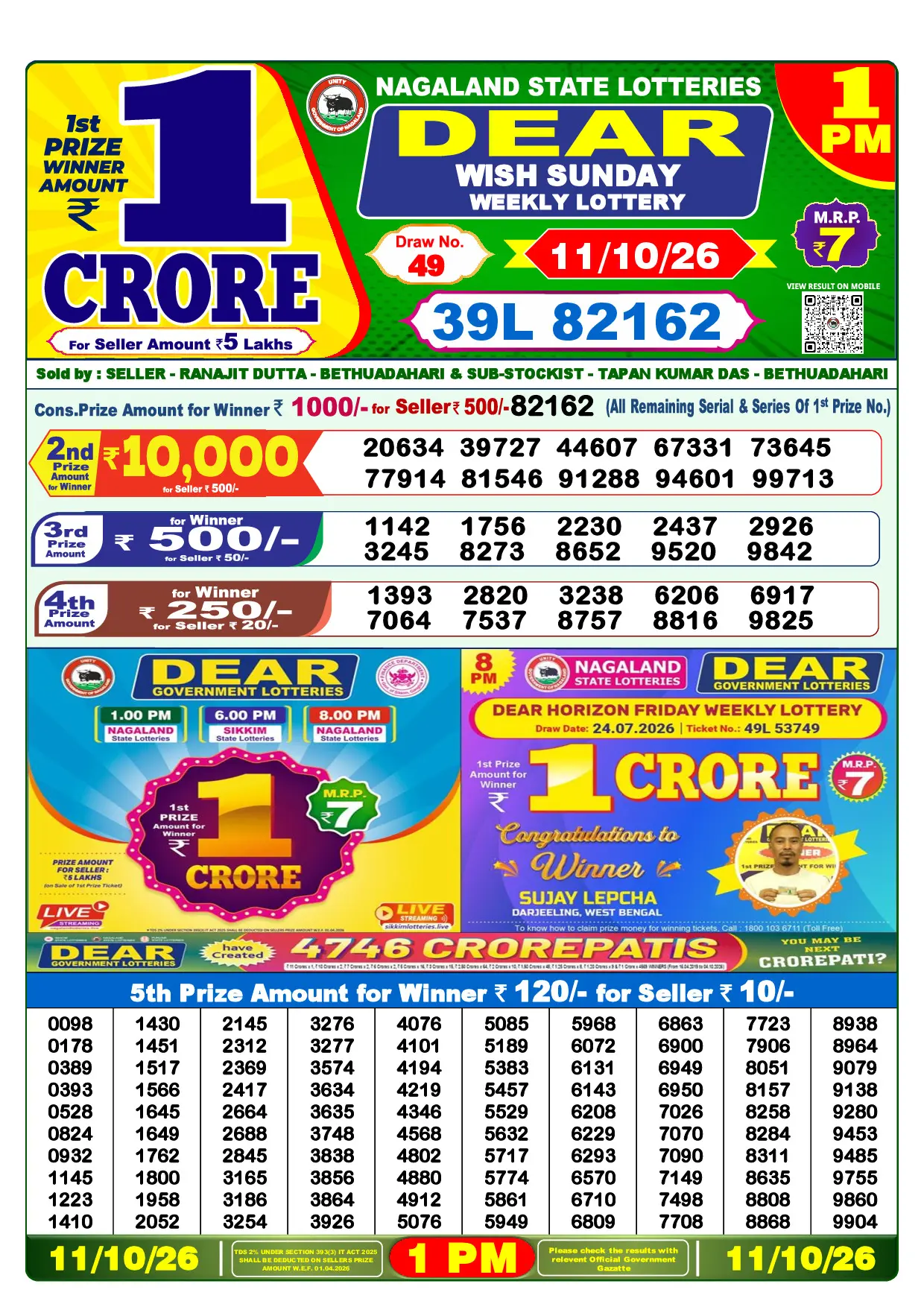 Official Lottery Sambad 1PM WISH SUNDAY result sheet for 11 October 2026