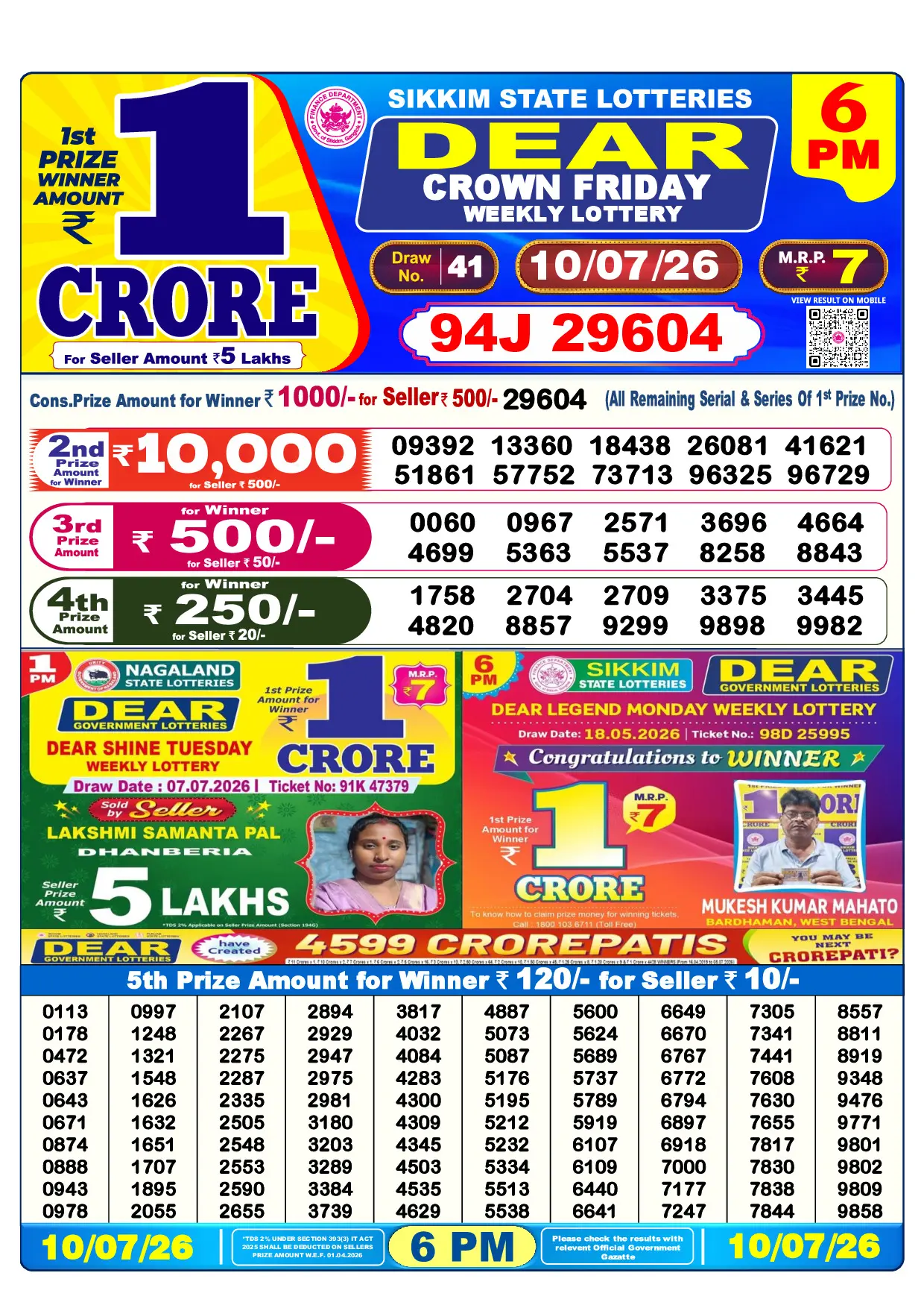 Official Lottery Sambad 6PM CROWN FRIDAY result sheet for 10 July 2026